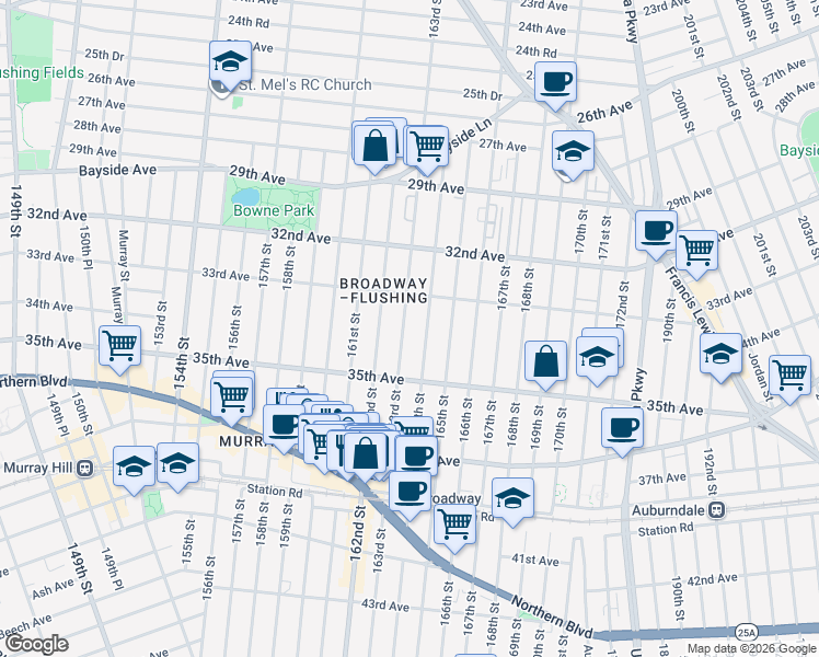 map of restaurants, bars, coffee shops, grocery stores, and more near 33-26 164th Street in Queens