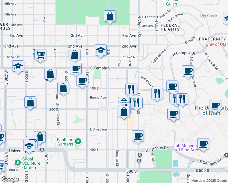 map of restaurants, bars, coffee shops, grocery stores, and more near 1224 East 100 South in Salt Lake City