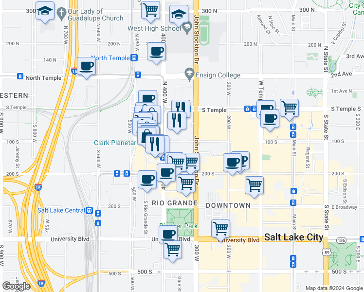 map of restaurants, bars, coffee shops, grocery stores, and more near 345 West 100 South in Salt Lake City