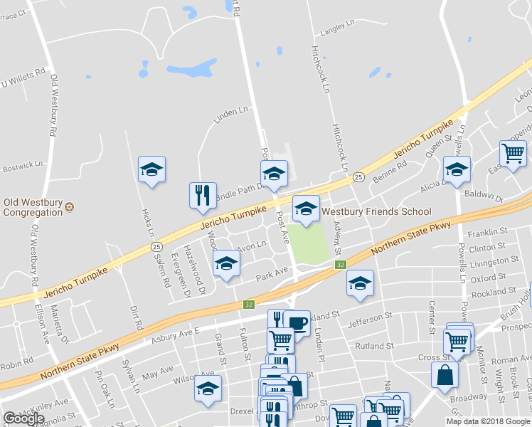 map of restaurants, bars, coffee shops, grocery stores, and more near 8 Rugby Road in Westbury