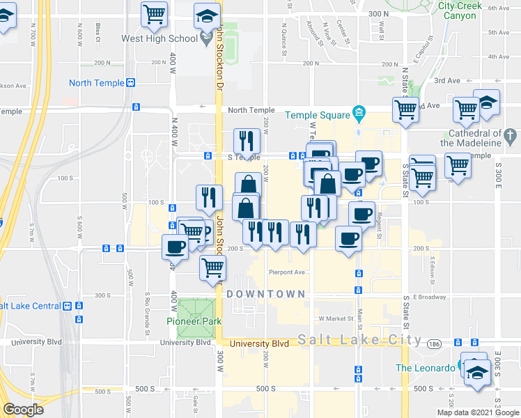 map of restaurants, bars, coffee shops, grocery stores, and more near 221 West 100 South in Salt Lake City