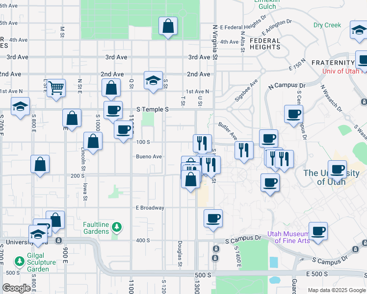 map of restaurants, bars, coffee shops, grocery stores, and more near 1250 East 100 South in Salt Lake City