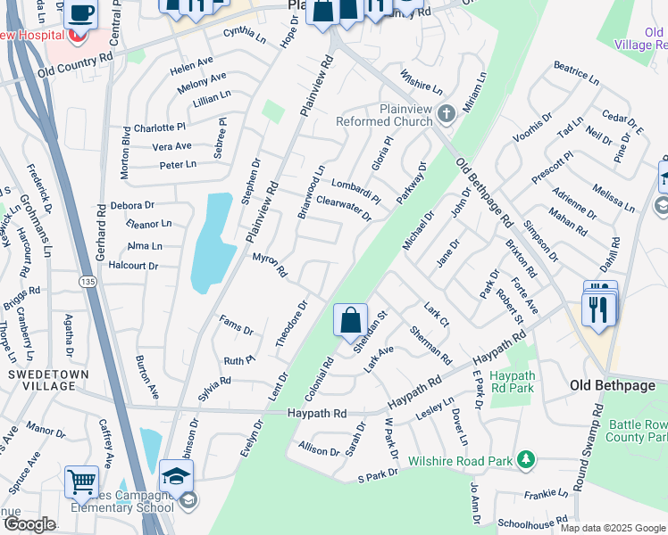 map of restaurants, bars, coffee shops, grocery stores, and more near 18 Felice Lane in Plainview
