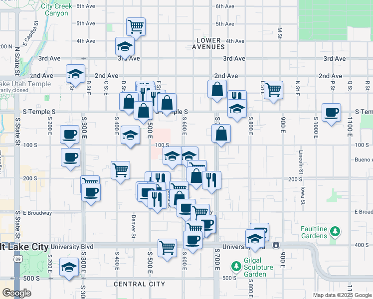 map of restaurants, bars, coffee shops, grocery stores, and more near 101 South 600 East in Salt Lake City