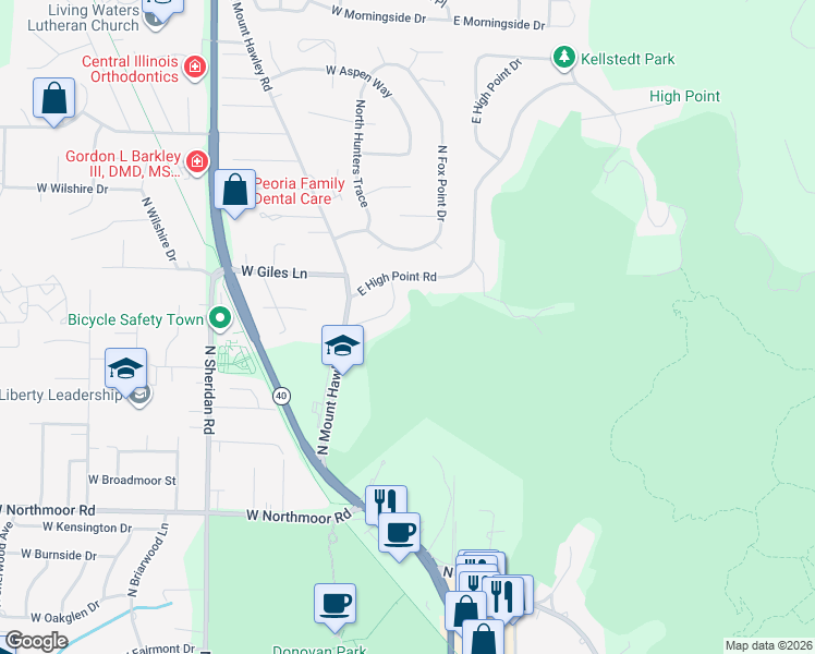 map of restaurants, bars, coffee shops, grocery stores, and more near 136 E Southgate Rd in Peoria
