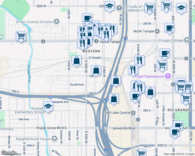 map of restaurants, bars, coffee shops, grocery stores, and more near 825 West 100 South in Salt Lake City