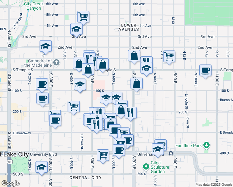 map of restaurants, bars, coffee shops, grocery stores, and more near 111 South 600 East in Salt Lake City