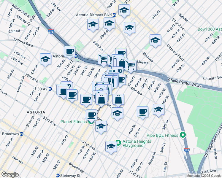 map of restaurants, bars, coffee shops, grocery stores, and more near 81 Steinway Street in Queens