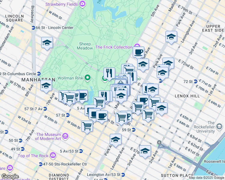 map of restaurants, bars, coffee shops, grocery stores, and more near 820 5th Avenue in New York