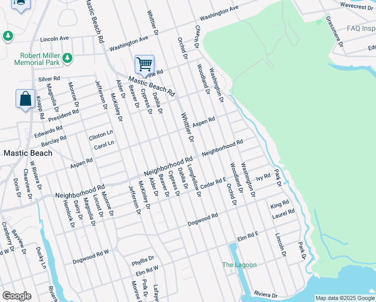 map of restaurants, bars, coffee shops, grocery stores, and more near 133 Longfellow Drive in Mastic Beach