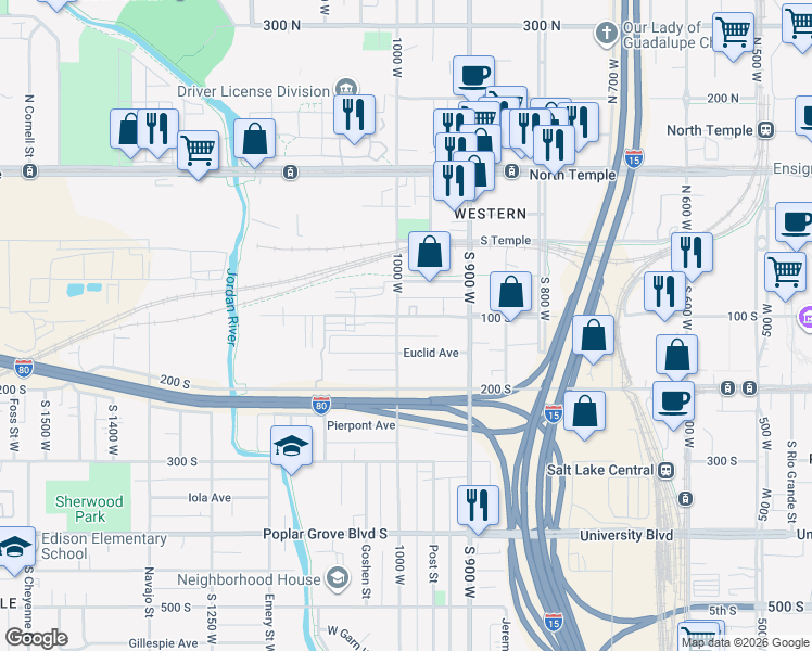 map of restaurants, bars, coffee shops, grocery stores, and more near 117 1000 west in Salt Lake City