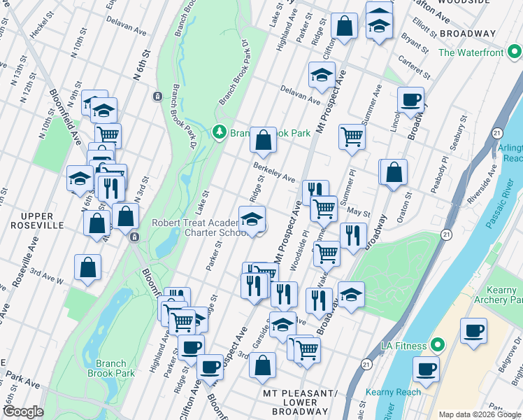 map of restaurants, bars, coffee shops, grocery stores, and more near 484 Clifton Avenue in Newark