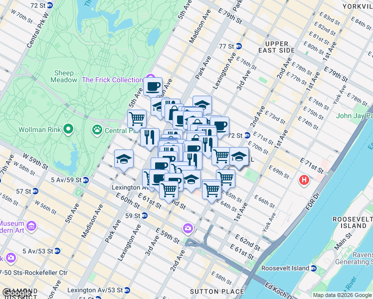 map of restaurants, bars, coffee shops, grocery stores, and more near in New York