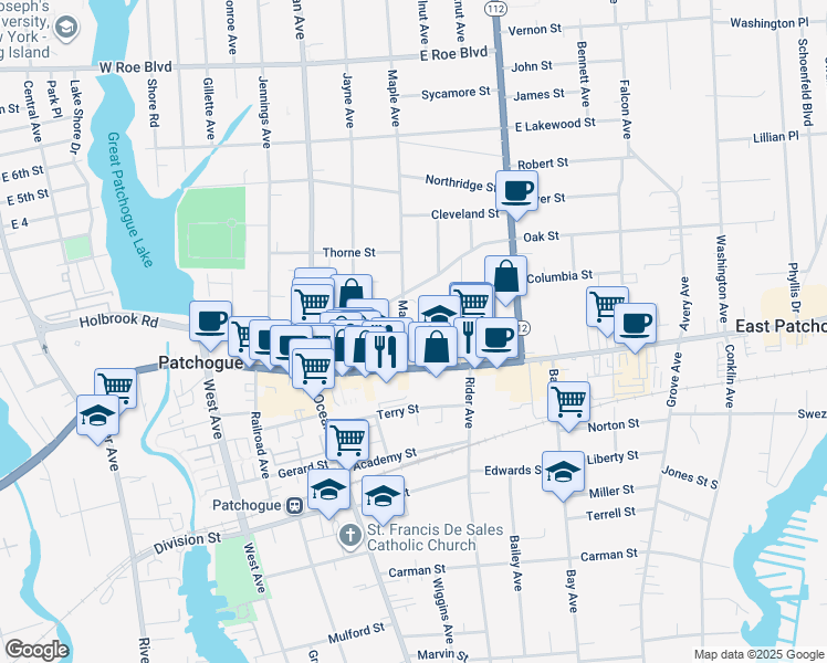 map of restaurants, bars, coffee shops, grocery stores, and more near 21 Maple Avenue in Patchogue