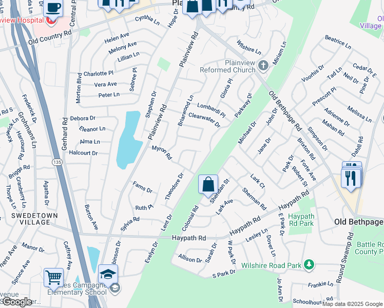 map of restaurants, bars, coffee shops, grocery stores, and more near 18 Felice Lane in Plainview