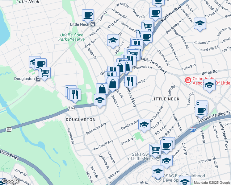 map of restaurants, bars, coffee shops, grocery stores, and more near 248-10 Northern Boulevard in Queens
