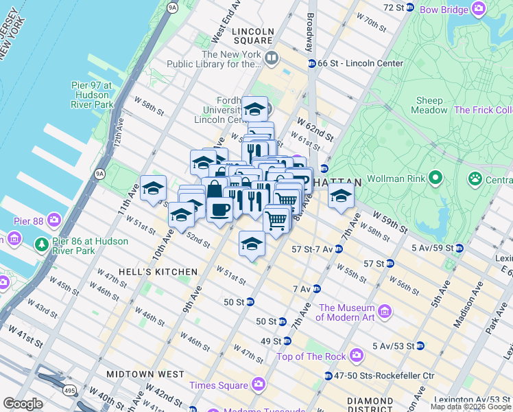 map of restaurants, bars, coffee shops, grocery stores, and more near in New York