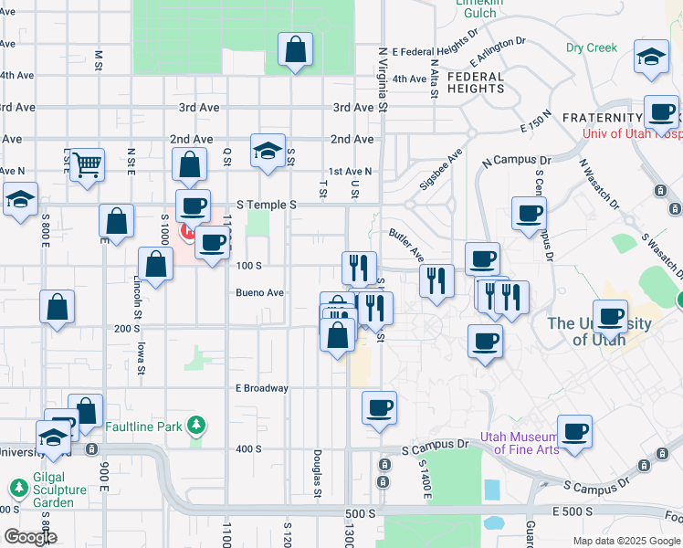map of restaurants, bars, coffee shops, grocery stores, and more near 1324 East 100 South in Salt Lake City