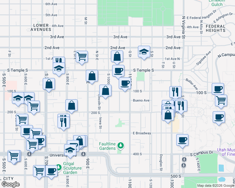 map of restaurants, bars, coffee shops, grocery stores, and more near 1046 East 100 South in Salt Lake City