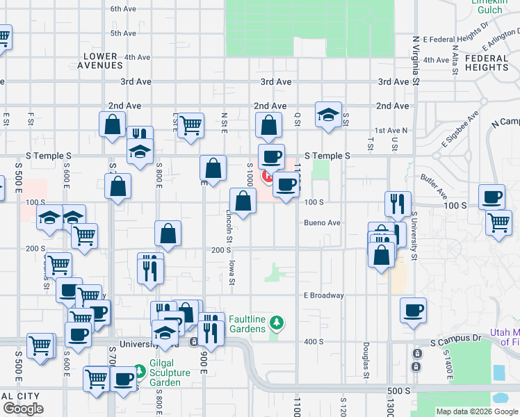 map of restaurants, bars, coffee shops, grocery stores, and more near 970 East 100 South in Salt Lake City