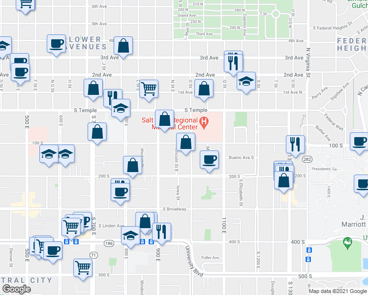 map of restaurants, bars, coffee shops, grocery stores, and more near 175 South 1000 East in Salt Lake City