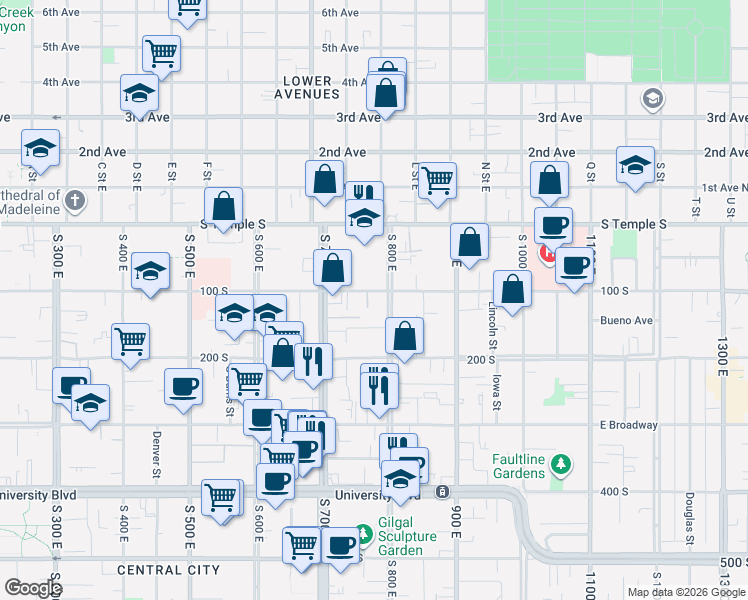 map of restaurants, bars, coffee shops, grocery stores, and more near 110 M Street in Salt Lake City