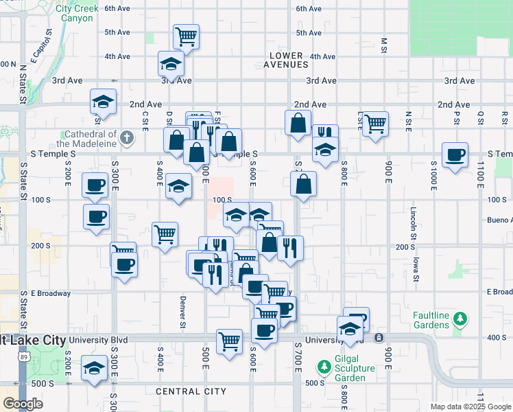map of restaurants, bars, coffee shops, grocery stores, and more near 620 East 100 South in Salt Lake City