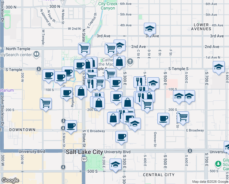 map of restaurants, bars, coffee shops, grocery stores, and more near in Salt Lake City