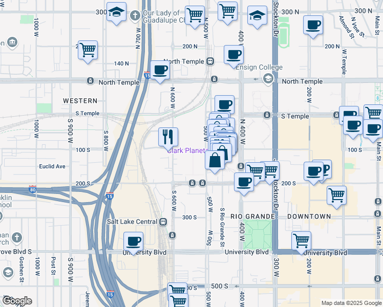 map of restaurants, bars, coffee shops, grocery stores, and more near 100 500 West in Salt Lake City