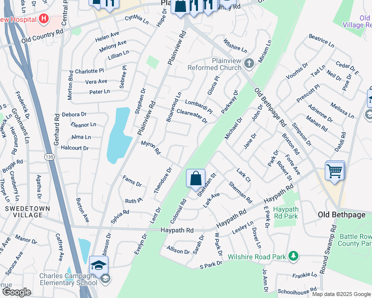 map of restaurants, bars, coffee shops, grocery stores, and more near 18 Felice Lane in Plainview