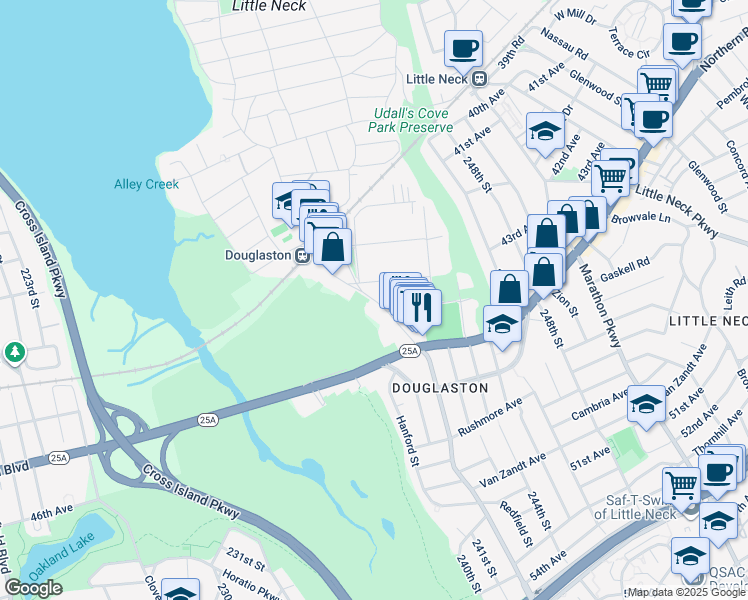 map of restaurants, bars, coffee shops, grocery stores, and more near 43-25 Douglaston Parkway in Queens