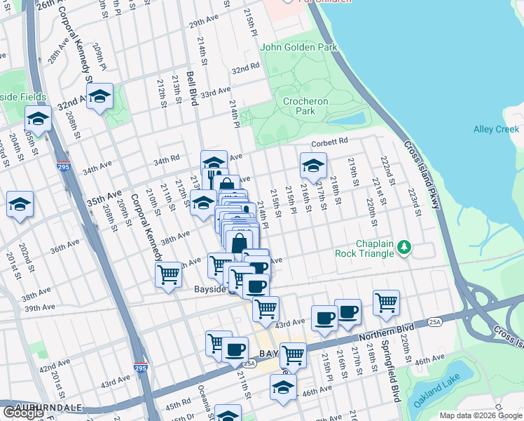map of restaurants, bars, coffee shops, grocery stores, and more near 214-27 38th Avenue in Queens