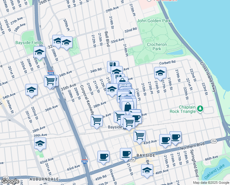 map of restaurants, bars, coffee shops, grocery stores, and more near 36-36 Bell Boulevard in Queens