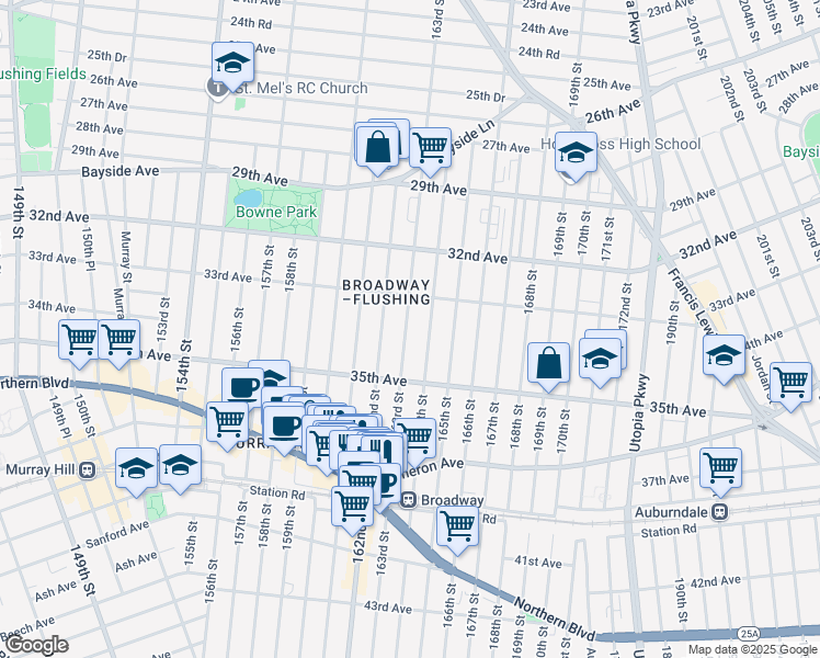 map of restaurants, bars, coffee shops, grocery stores, and more near 33-26 164th Street in Queens