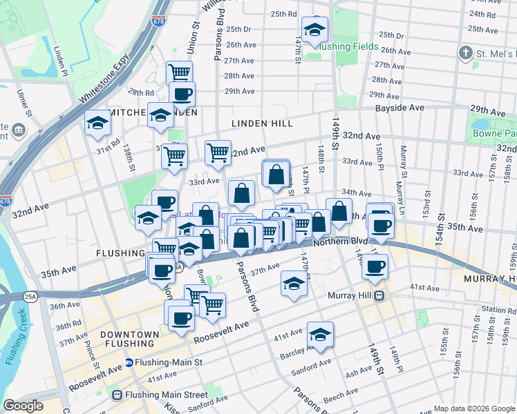 map of restaurants, bars, coffee shops, grocery stores, and more near 145-6A 34th Avenue in Queens