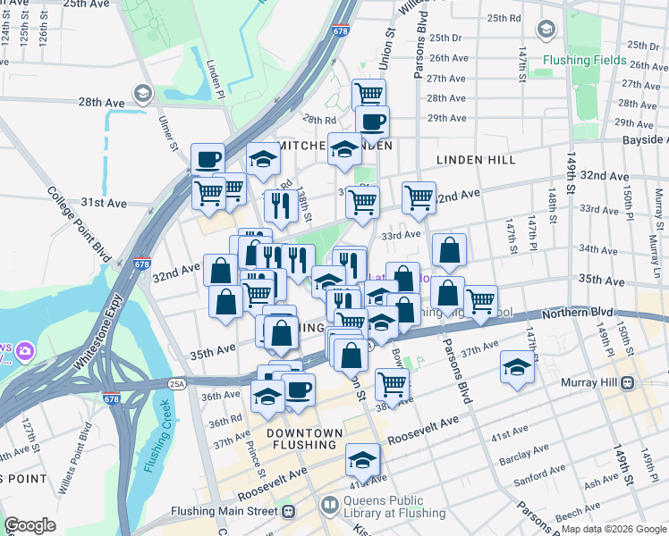 map of restaurants, bars, coffee shops, grocery stores, and more near 139-10 34th Avenue in Queens
