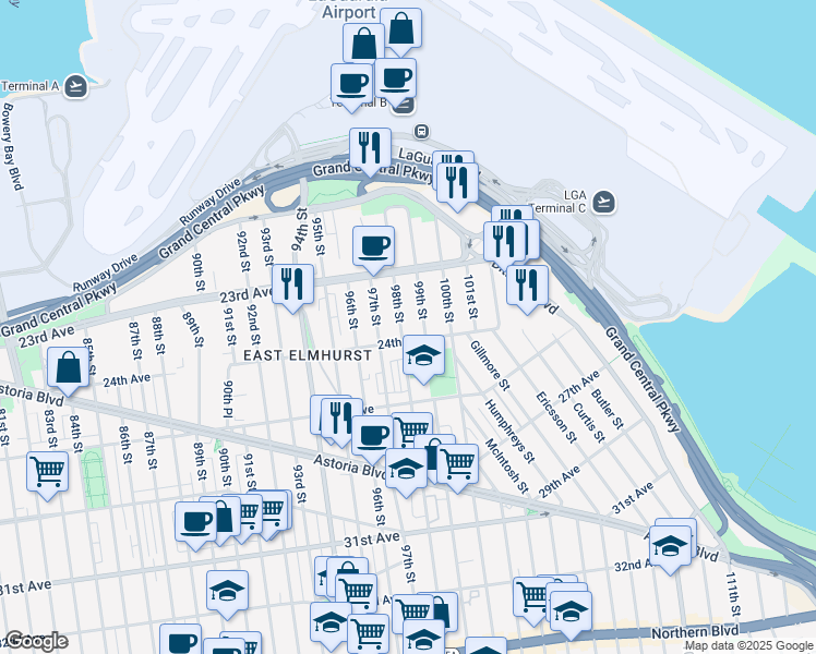 map of restaurants, bars, coffee shops, grocery stores, and more near 23-53 98th Street in Queens