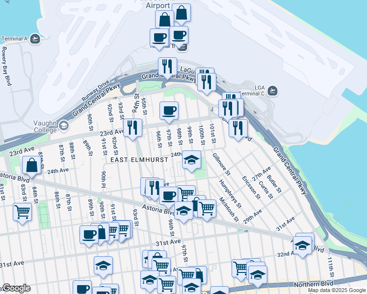 map of restaurants, bars, coffee shops, grocery stores, and more near 23-53 98th Street in Queens