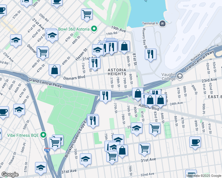 map of restaurants, bars, coffee shops, grocery stores, and more near 22-49 76th Street in Queens