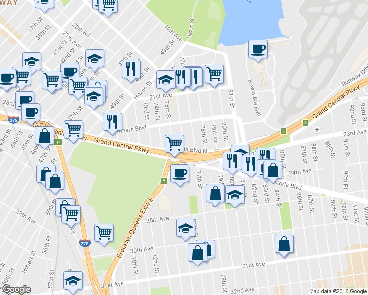 map of restaurants, bars, coffee shops, grocery stores, and more near 22-49 76th Street in Queens