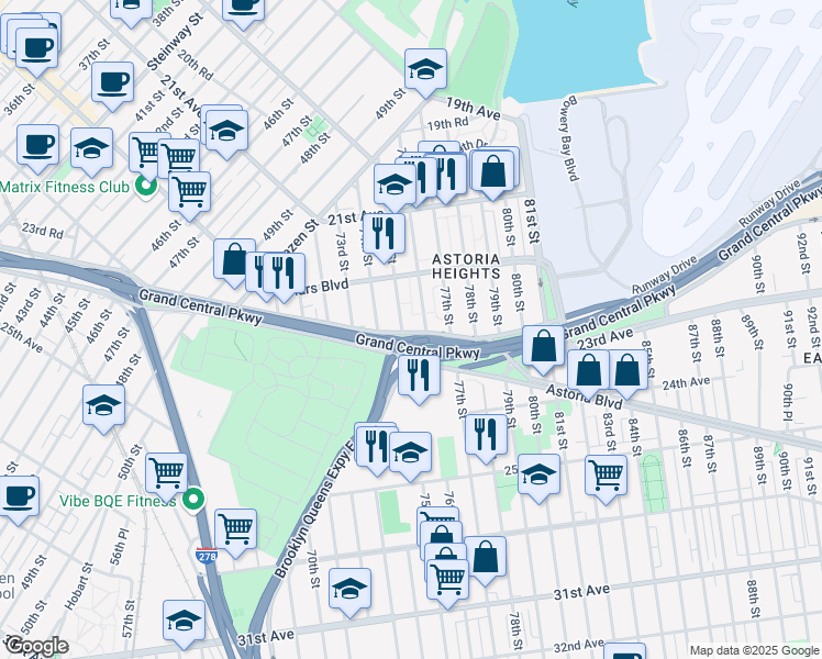 map of restaurants, bars, coffee shops, grocery stores, and more near 22-49 76th Street in Queens