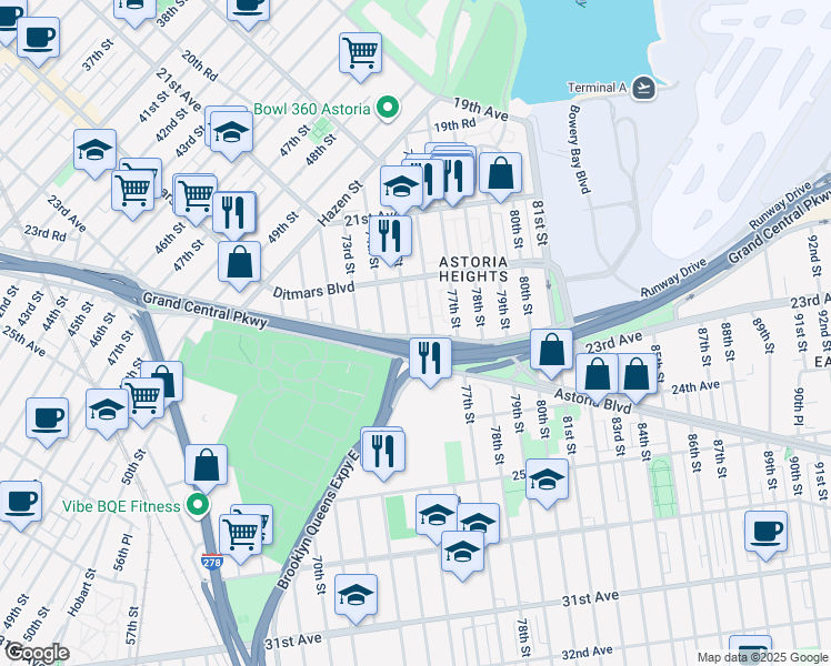 map of restaurants, bars, coffee shops, grocery stores, and more near 7411 Astoria Boulevard North in Queens