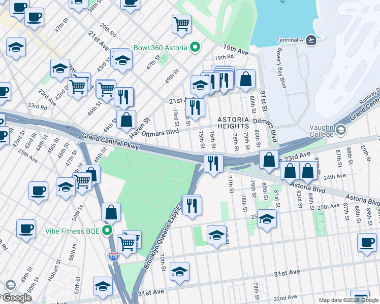 map of restaurants, bars, coffee shops, grocery stores, and more near 7411 Astoria Boulevard North in Queens