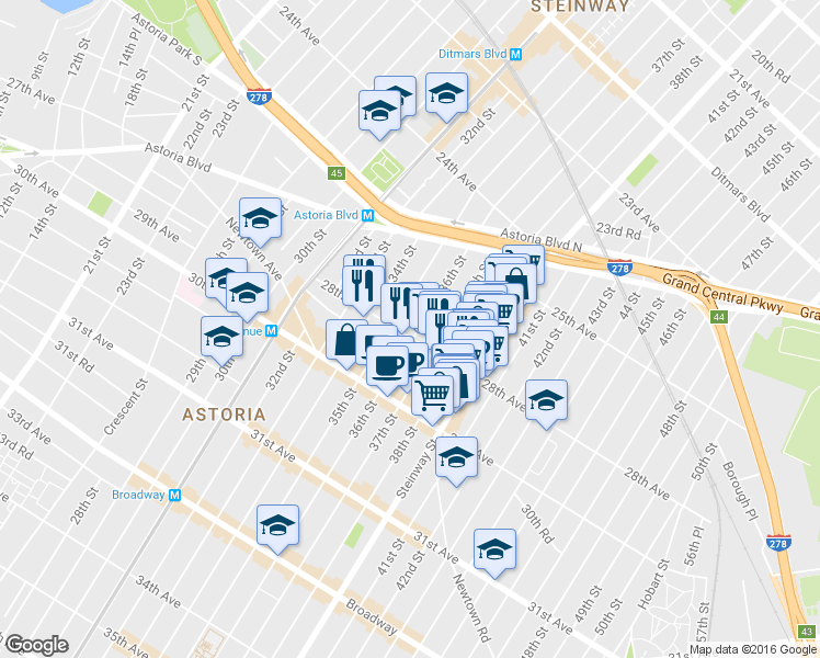 map of restaurants, bars, coffee shops, grocery stores, and more near 25-81 36th Street in Queens