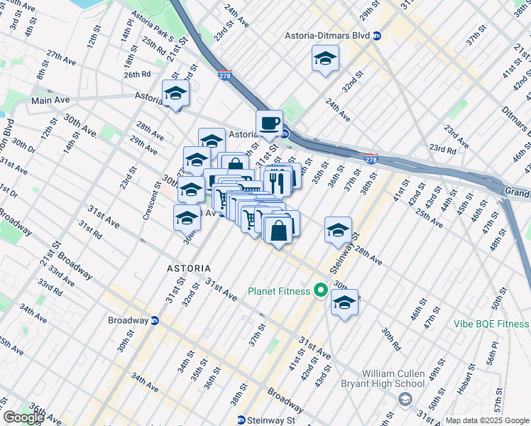 map of restaurants, bars, coffee shops, grocery stores, and more near 28-19 33rd Street in Queens