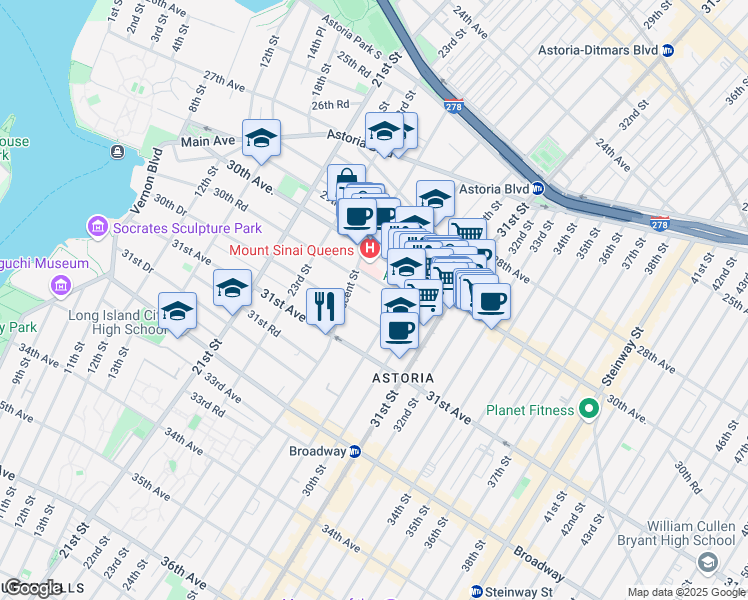 map of restaurants, bars, coffee shops, grocery stores, and more near 25-40 30th Road in Queens