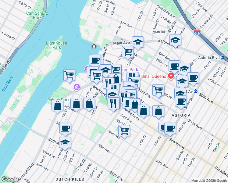 map of restaurants, bars, coffee shops, grocery stores, and more near 31-50 14th Street in Queens