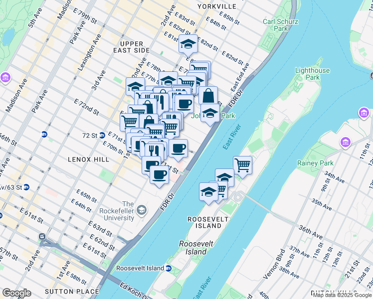 map of restaurants, bars, coffee shops, grocery stores, and more near 524 East 74th Street in New York