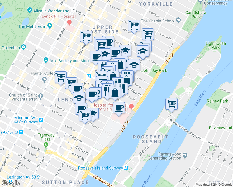 map of restaurants, bars, coffee shops, grocery stores, and more near 1334 York Avenue in New York