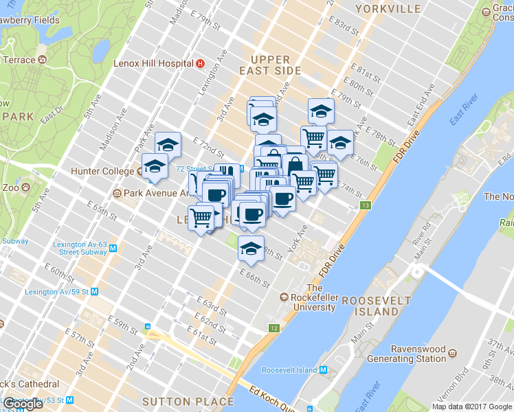map of restaurants, bars, coffee shops, grocery stores, and more near 333 East 70th Street in New York